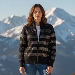 Boston Proper Black and Silver Sequin Bomber Jacket